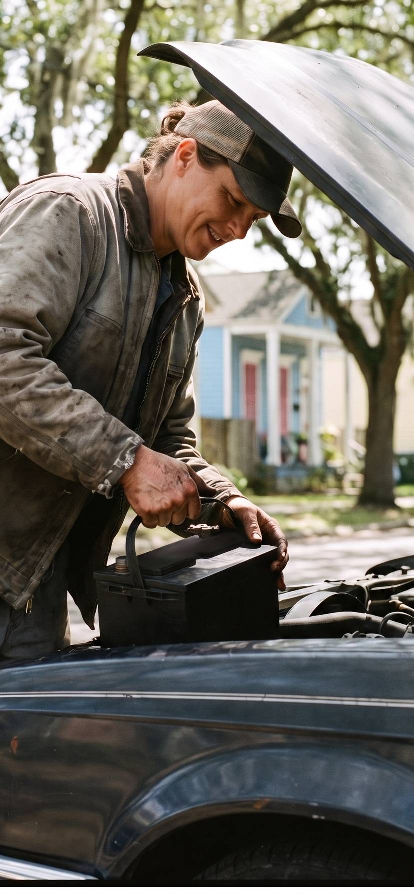 Mobile mechanic performing a repair on a car in a Metairie, Louisiana driveway