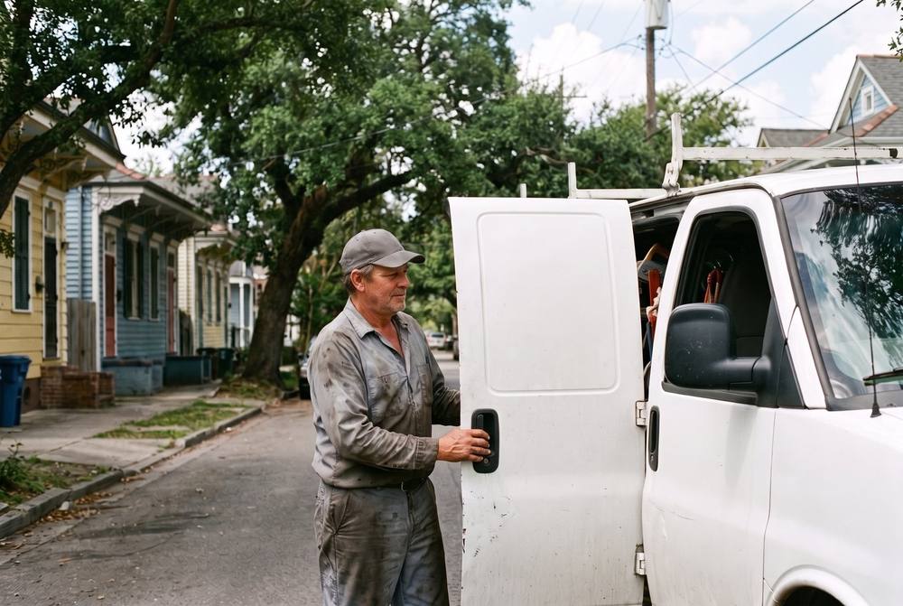 Mecánico móvil revisando la batería de un carro estacionado en una calle de New Orleans