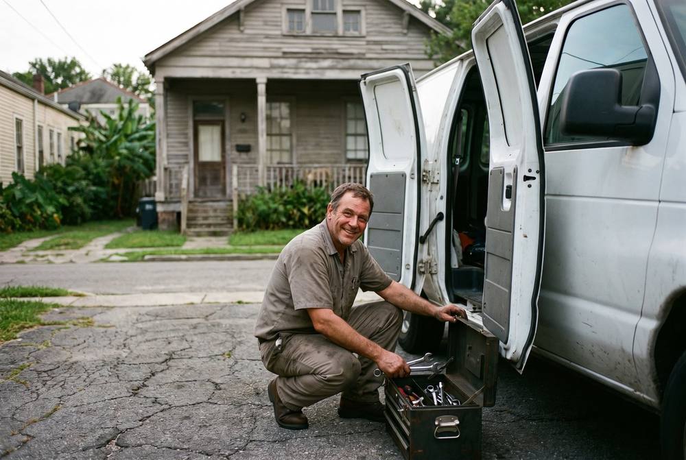 Mobile mechanic performing a repair on a car in a New Orleans driveway