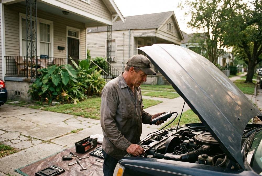Independent mobile mechanic performing a roadside repair on a car parked in a Harvey, Louisiana driveway