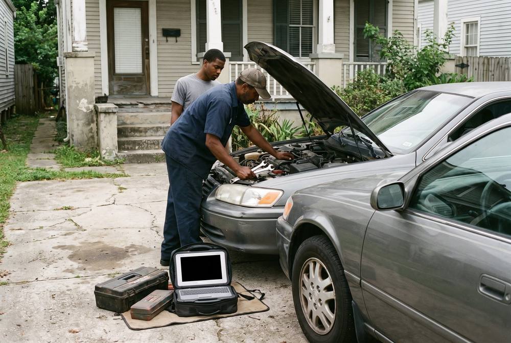 Roadside mobile tire technician changing a flat tire on the shoulder of a Chalmette road